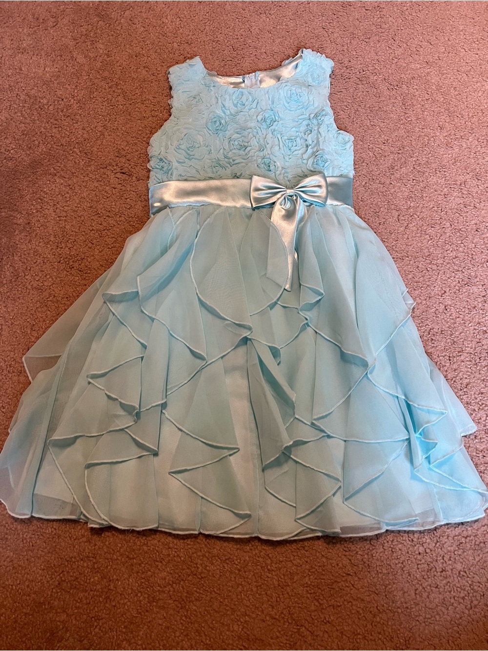 American Princess Light Blue/Teal Floral Rosette Ruffle Dress with Satin Bow
